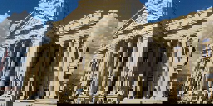 Exterior of historic part of the St Kilda Town Hall in daytime