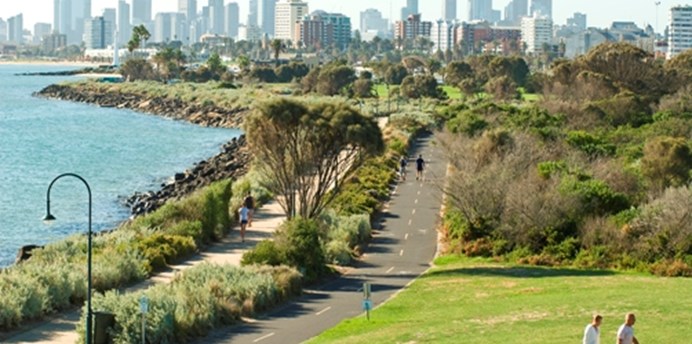 Looking across the bay towards the city skyline from the grassy hill of Point Ormond Reserve