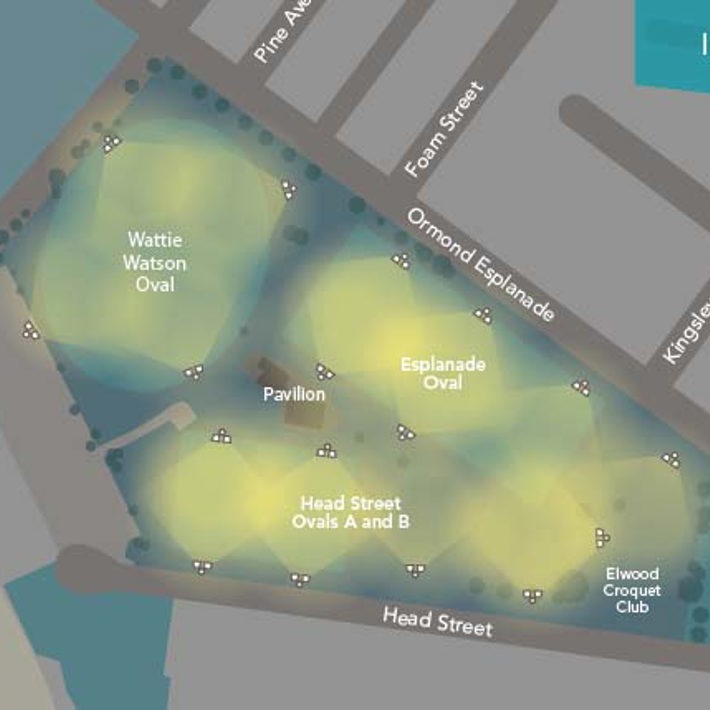 Light pole locations around Wattie Watson Oval, Esplanade Oval and Head Street Ovals A and B
