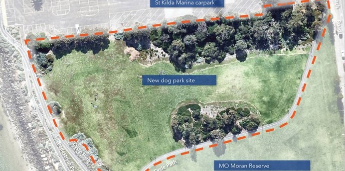 Aerial photo of MO Moran Reserve with dog park area outlined as green grass area in centre of photo.