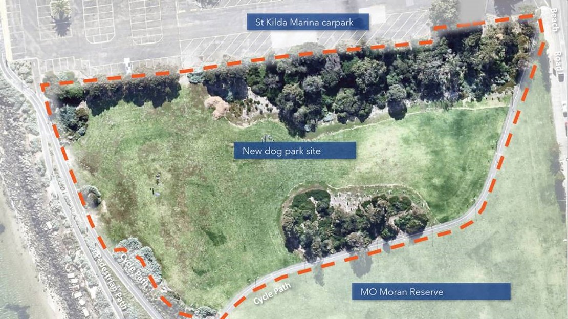 Aerial photo of MO Moran Reserve with dog park area outlined as green grass area in centre of photo.