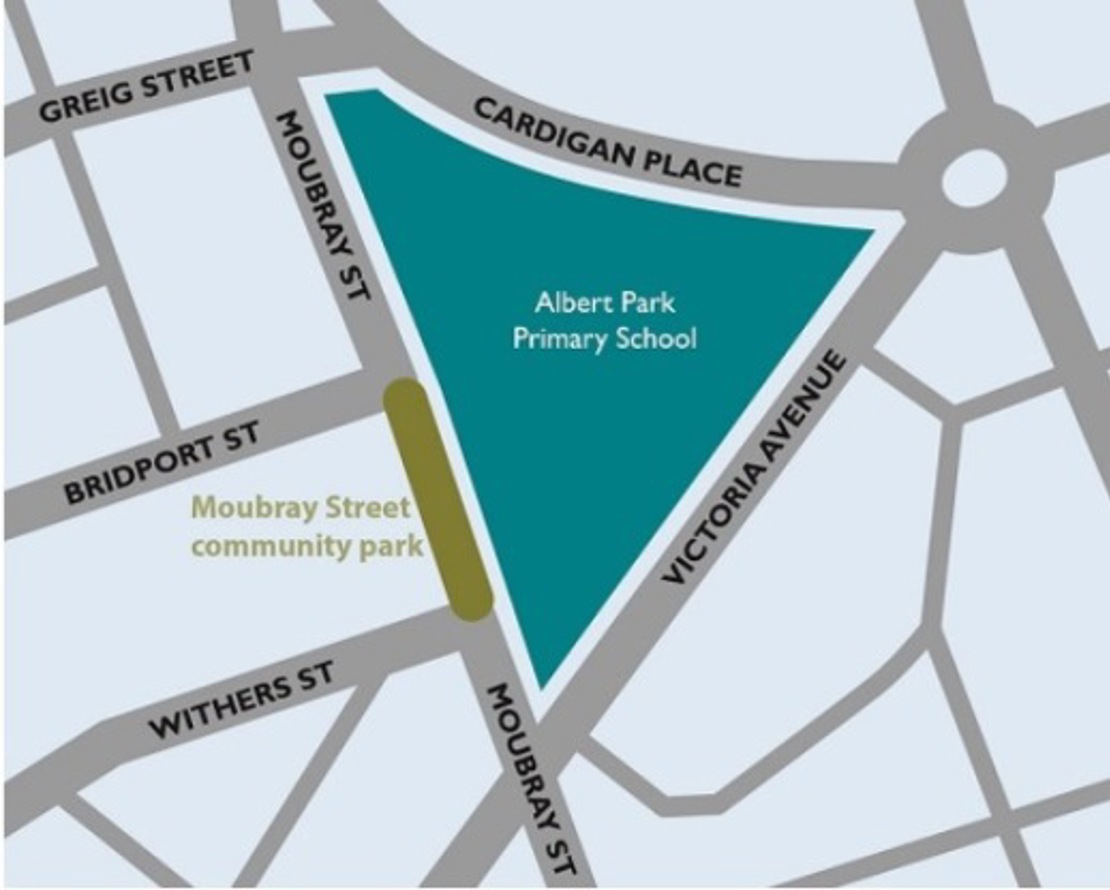 Map showing location of Moubray Street Community Park between Bridport and Withers Street and backing on to Albert Park Primary School