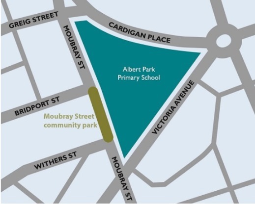 Map showing location of Moubray Street Community Park between Bridport and Withers Street and backing on to Albert Park Primary School