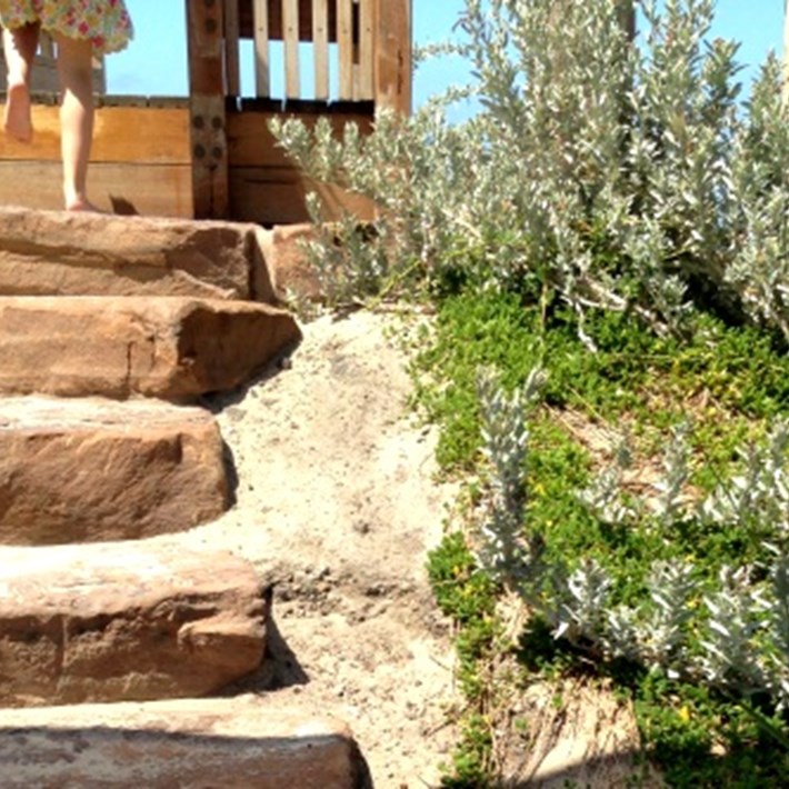 Stone steps can be climbed to reach the top of the slide