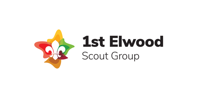 Logo of 1st Elwood Scout Group featuring a colourful abstract fleur-de-lis design in red, orange, yellow, and green on the left, with the group name in bold black text on the right.