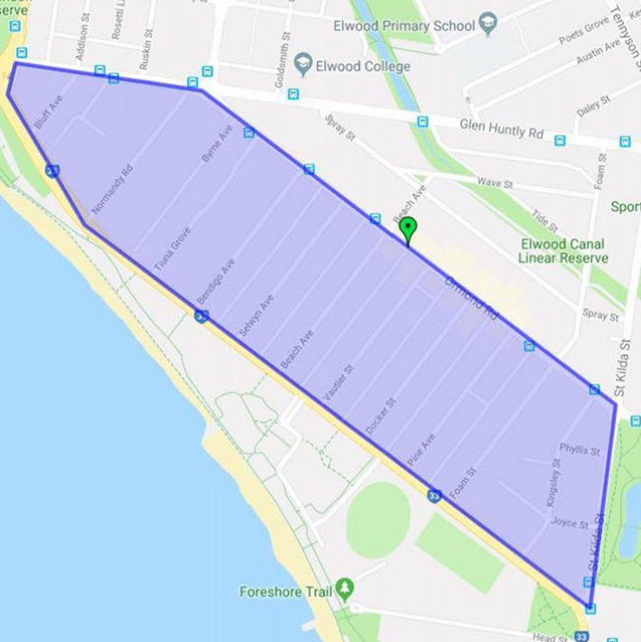 This map shows the Food Organics and Garden Organics (FOGO) bin trial area in Elwood. The area is a roughly rectangular bordered by Bluff Avenue and St Kilda Street (top to bottom) and from Glen Huntly Road and Ormond Road (even-numbered households only) to Ormond Esplanade.