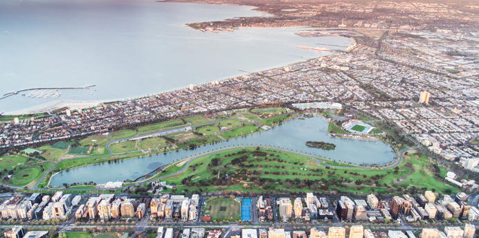Aerial photograph of Albert Park Reserve managed by Parks Victoria