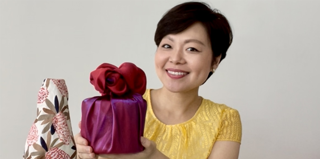 Photo of Hayami, who recently completed the Environmental Leadership Course. Hayami is an expert in the art of Japanese giftwrapping, known as 'Furoshiki'.