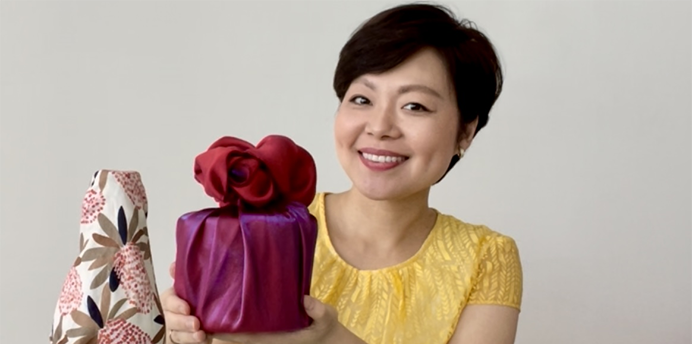 Photo of Hayami, who recently completed the Environmental Leadership Course. Hayami is an expert in the art of Japanese giftwrapping, known as 'Furoshiki'. 