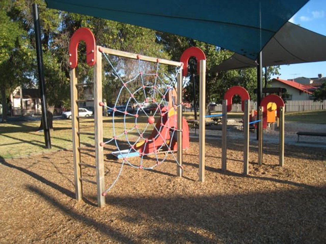 Play equipment at Edwards Park under shade sails