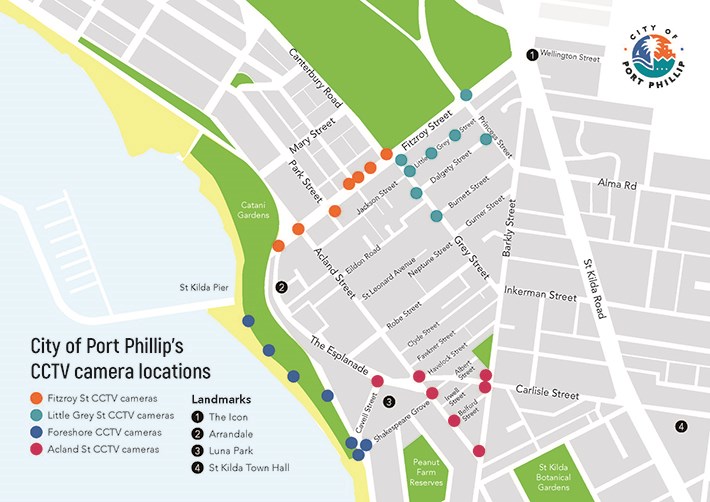 Map showing the locations of CCTV cameras in City of Port Phillip
