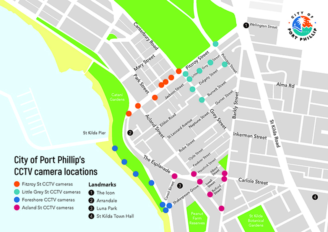 Map showing the locations of CCTV cameras in City of Port Phillip