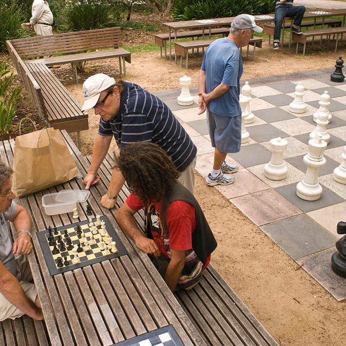 A giant Chess board which can be hired out and public table chess facilities at St Kilda Botanical Gardens