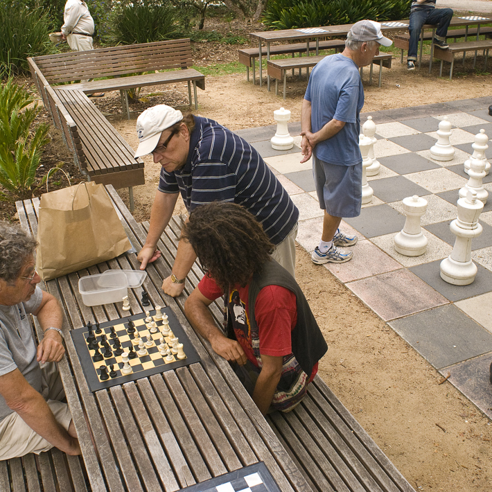 A giant Chess board which can be hired out and public table chess facilities at St Kilda Botanical Gardens