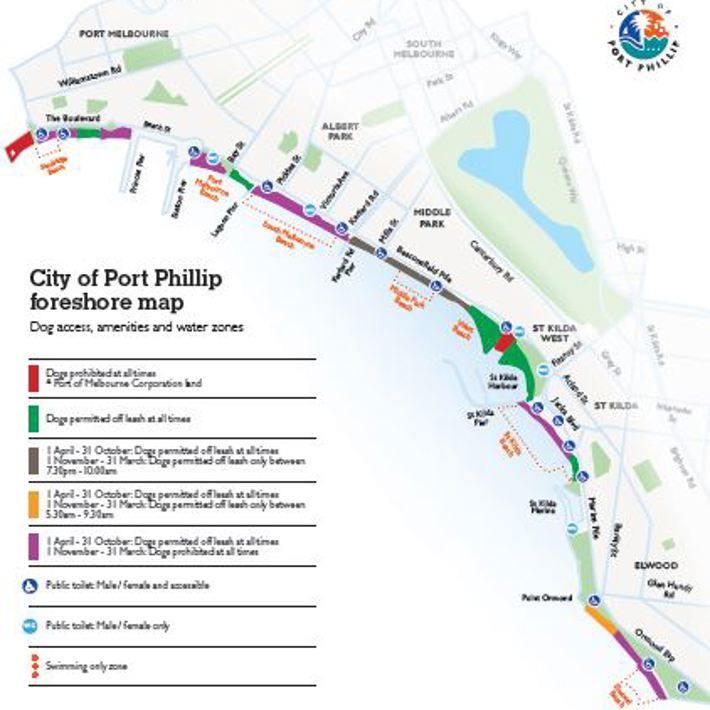 City of Port Phillip Foreshore Map showing dog access, amenities and water zones