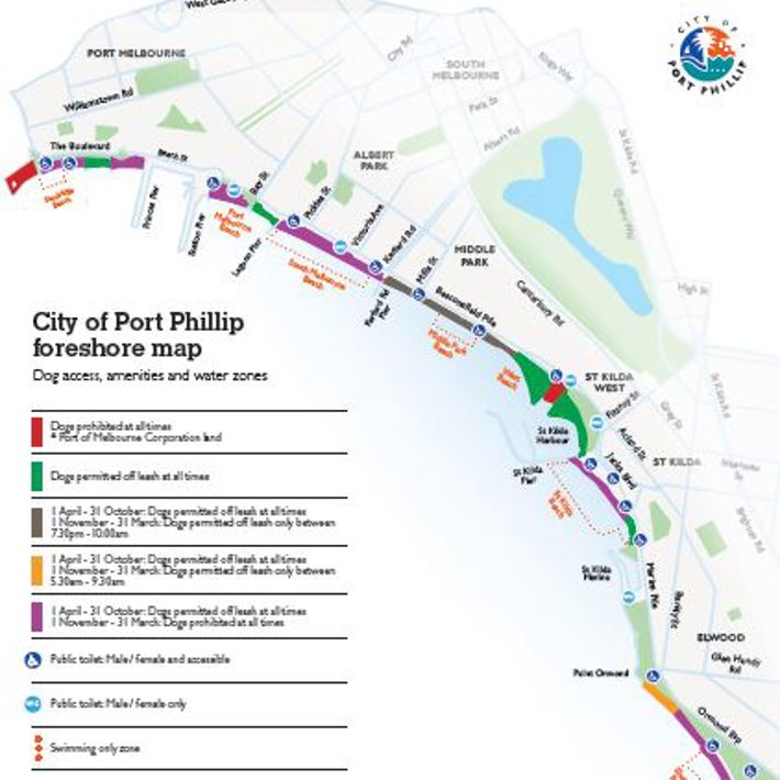 City of Port Phillip Foreshore Map showing dog access, amenities and water zones