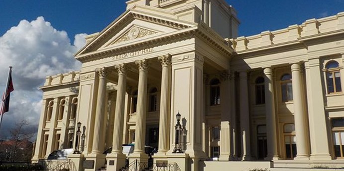 Exterior of historic part of the St Kilda Town Hall in daytime