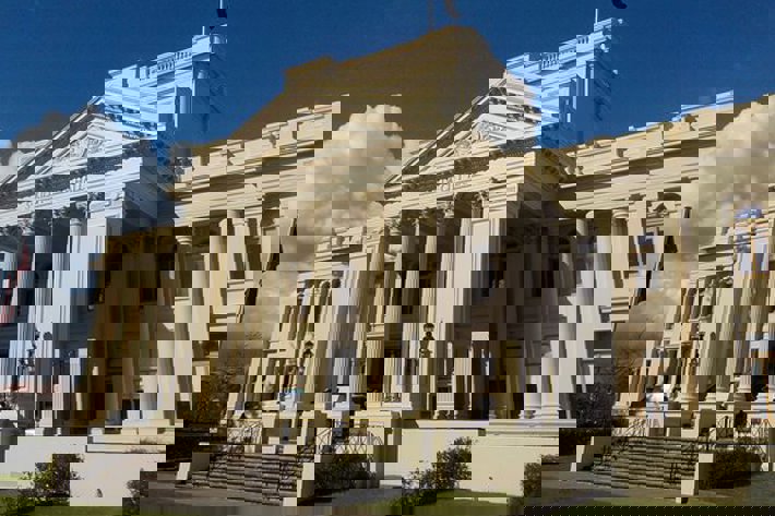 Exterior of historic part of the St Kilda Town Hall in daytime