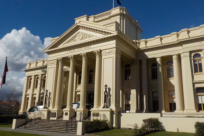 Exterior of historic part of the St Kilda Town Hall in daytime