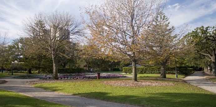St Vincent Gardens is accessible by gravel paths and features mature trees, garden beds and turf areas