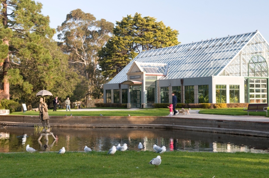 The St Kilda Botanical Gardens pond with Rain Man fountain with the conservatory in the background