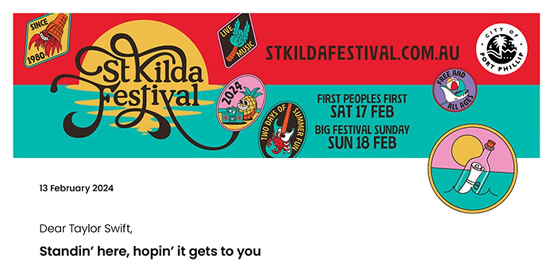 Image showing colouful design for the 2024 St Kilda Festival as the letterhead for a letter addressed to Taylor Swift.