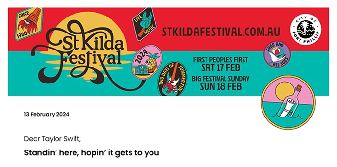 Image showing colouful design for the 2024 St Kilda Festival as the letterhead for a letter addressed to Taylor Swift.