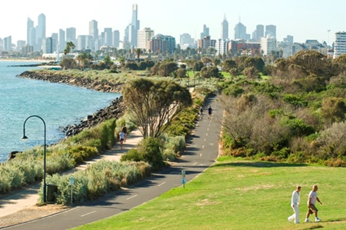 Looking across the bay towards the city skyline from the grassy hill of Point Ormond Reserve