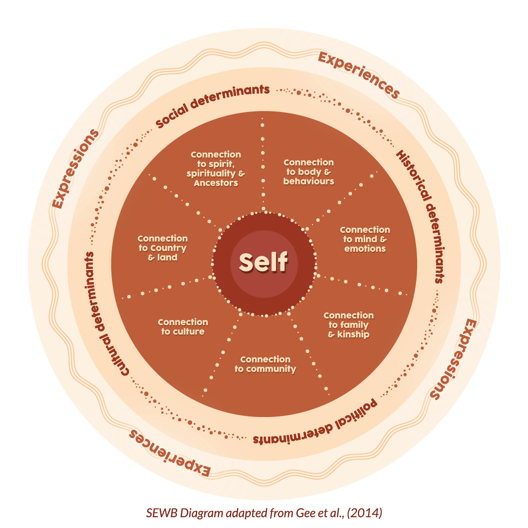 The Social and Emotional Wellbeing wheel shows what wellbeing means for First Peoples. In the centre is self. Surrounding self are connection to: body and behaviours; mind and emotions; family and kinship; community; culture; Country and land; and spirit, spirituality and Ancestors. The next circle shows structural issues: social determinants, historical determinants, political determinants and cultural determinants. The outer wheel says experiences and expressions showing the impact of the inner circles