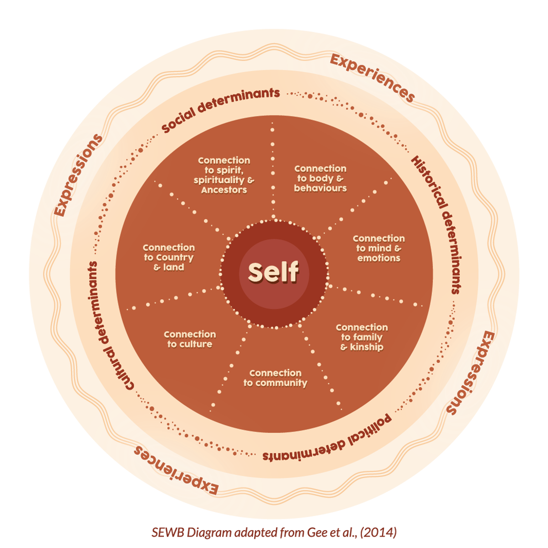 The Social and Emotional Wellbeing wheel shows what wellbeing means for First Peoples. In the centre is self. Surrounding self are connection to: body and behaviours; mind and emotions; family and kinship; community; culture; Country and land; and spirit, spirituality and Ancestors. The next circle shows structural issues: social determinants, historical determinants, political determinants and cultural determinants. The outer wheel says experiences and expressions showing the impact of the inner circles
