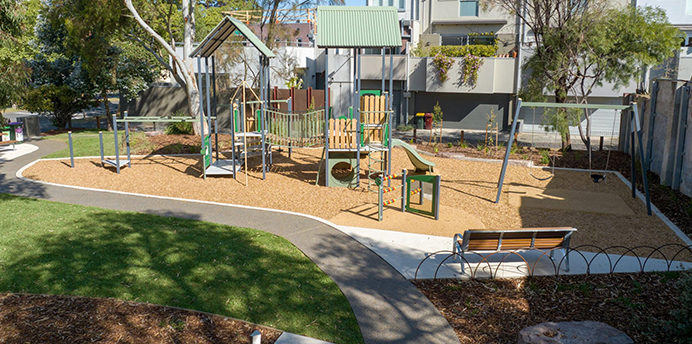 Drone photograph of Ludwig Stamer Reserve showing pathway and playground area.