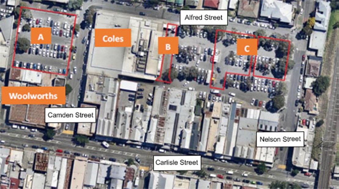 Map showing potential development opportunities in Council's Carlisle Street Retail Renewal Precinct Structure Plan. A: Woolworths supermarket carpark; B: Balaclava Coles carpark; C: Alfred/Nelson Street carpark. Select image to enlarge.