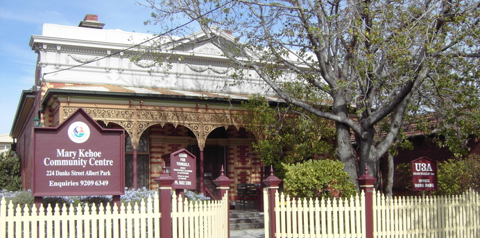 Shows the exterior of Mary Kehoe Community Centre in Albert Park