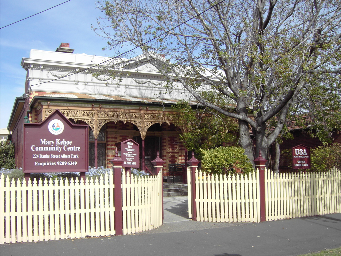 Shows the exterior of Mary Kehoe Community Centre in Albert Park