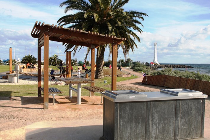 Facilities at Marina Reserve including a BBQ, sheltered picnic area and playground