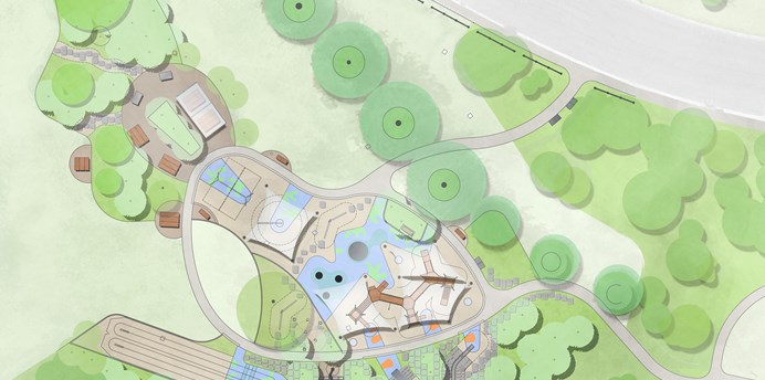 Artist impression of aerial view of Point Ormond Reserve showing new playground concept