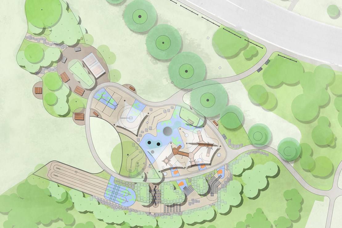 Artist impression of aerial view of Point Ormond Reserve showing new playground concept