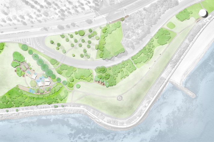 Artist impression of aerial view of Point Ormond Reserve showing playground and path upgrades around Beacon Hill Lookout