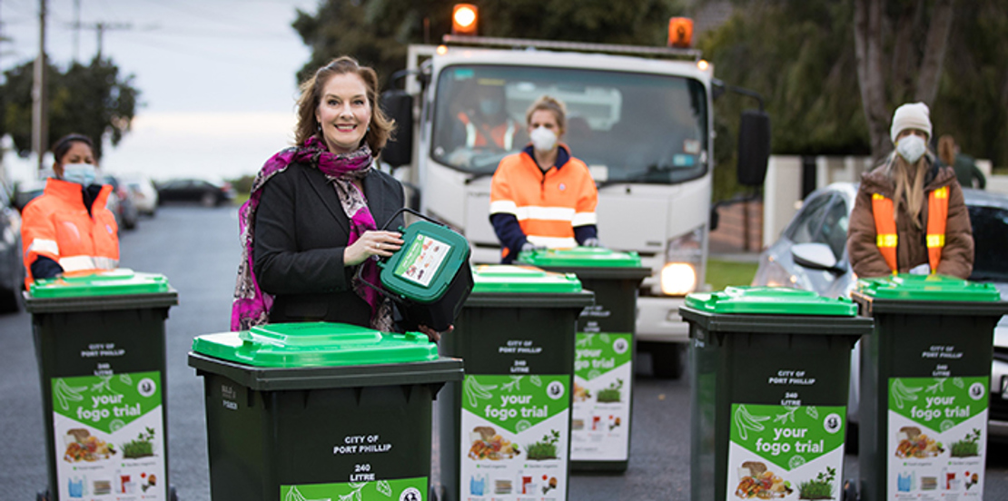 Port Phillip Mayor Bernadene Voss pictured with Council staff and new FOGO trial bins in Elwood